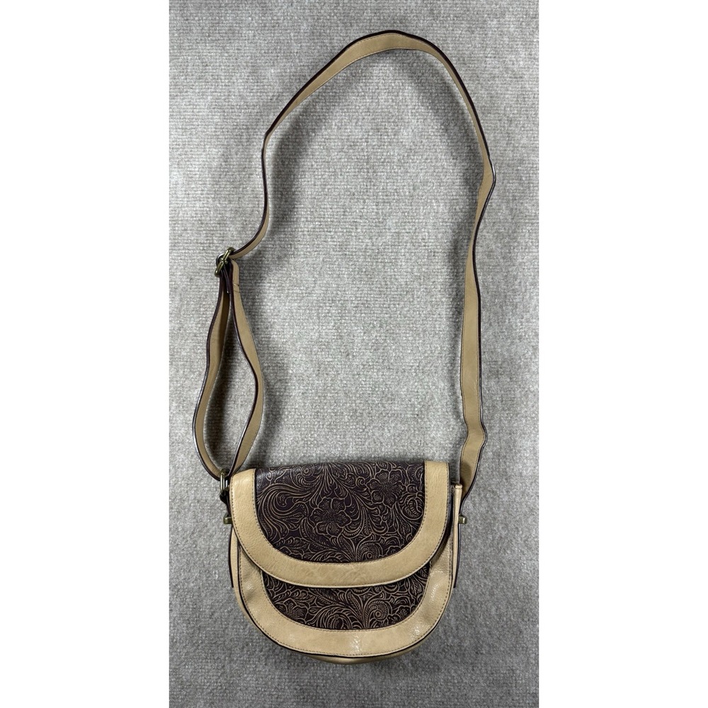 Cato Tooled Floral Crossbody Tan Brown Faux Leather Western‎ Boho Saddle Purse